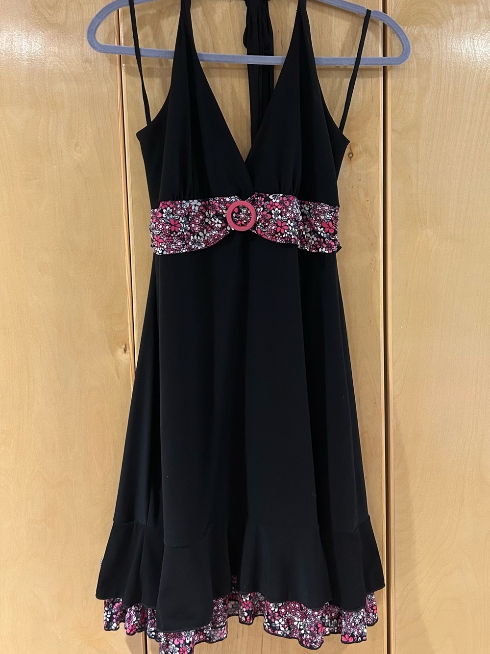 Black Halter Dress with Pink Floral Waist Accent